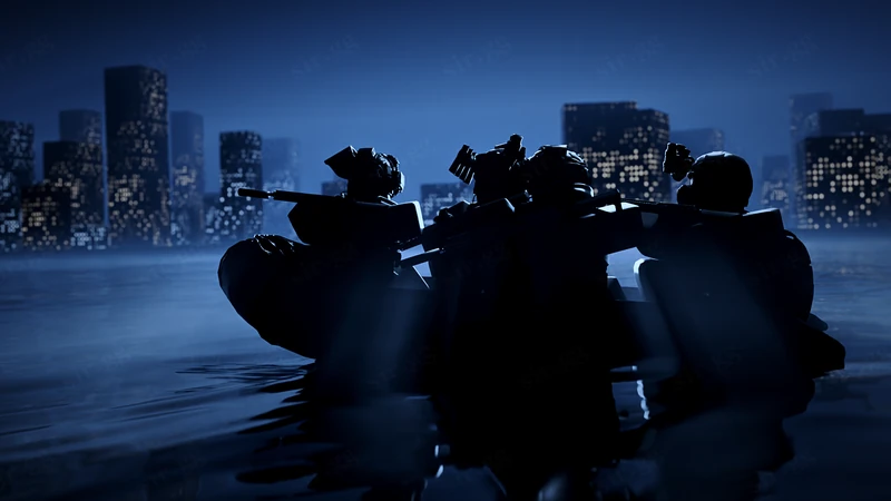 Operators on an inflatable boat at night with a city skyline behind them